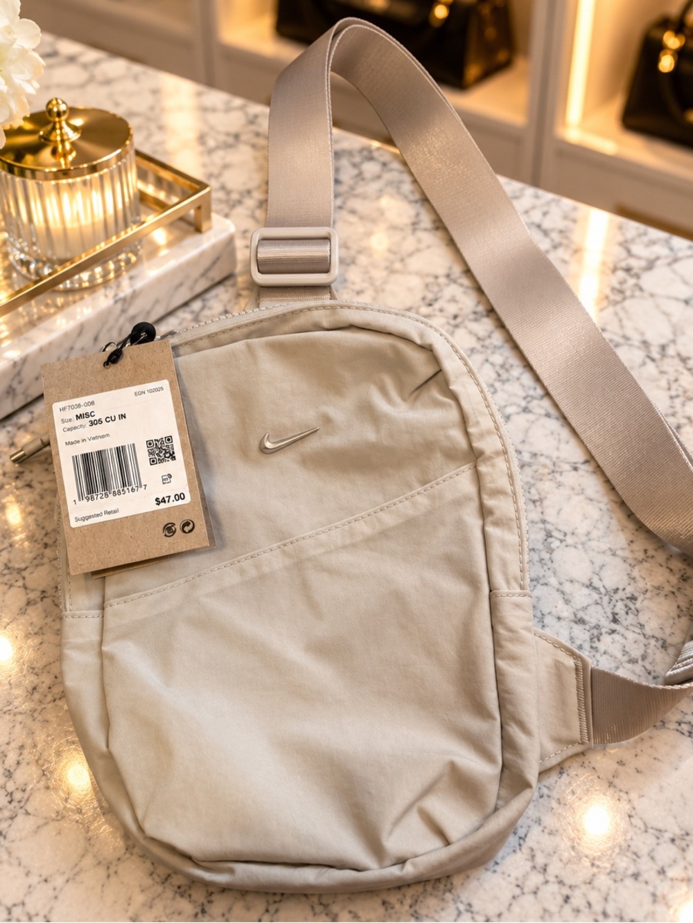 Nike Aura Crossbody Bag In Tan With Silver Accents. NWT.